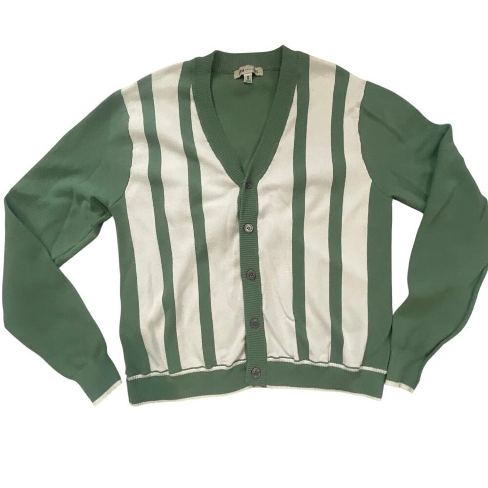 Urban Outfitters Green Cream Striped Cropped Cardigan Sweater Medium Preppy